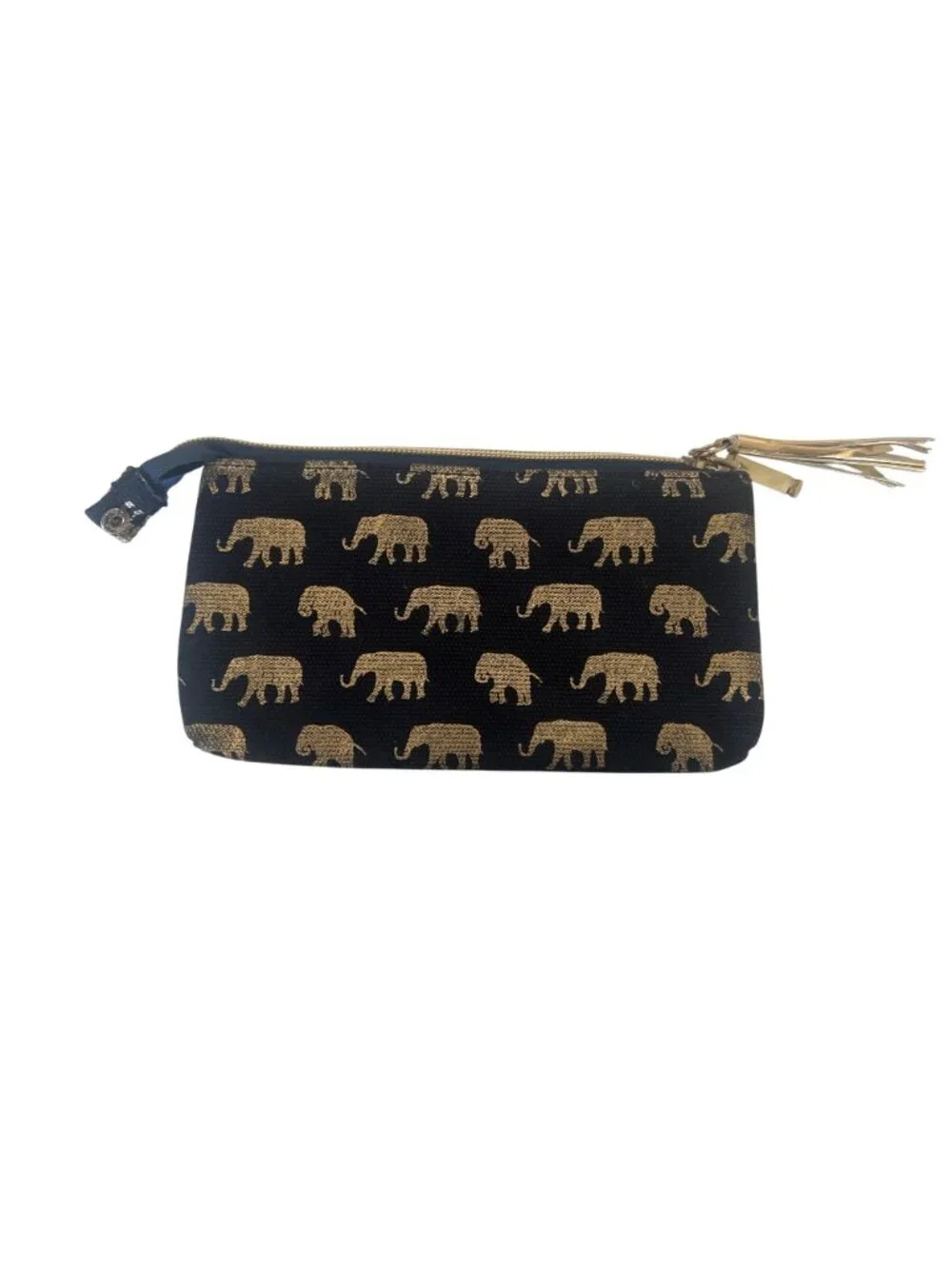 Kestrel Black & Gold Elephant Print Canvas Zipper Pouch With Tassel Accent